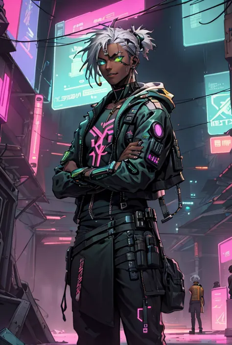 fully body photo, cyberpunk dark skin man with silver hair shortcut, black and yellow-green cyberpunk clothes, a cool, photoreal...