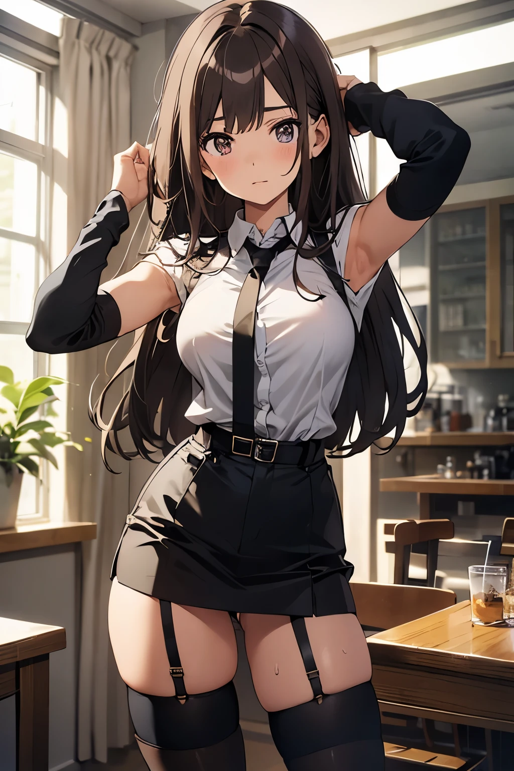 brown hair、looking at the viewer　　suspenders　　　Bulging big breasts　　 　 　　　　Black miniskirt　garter belt　knee high socks　　　　　　Gaze　　　small face　bangs 　　　　　Beauty　　hands up　　 　Gaze 　black boots 　provocation　　armpit sweat　one person 　　put your hands behind your back　cutter shirt　　Panty shot