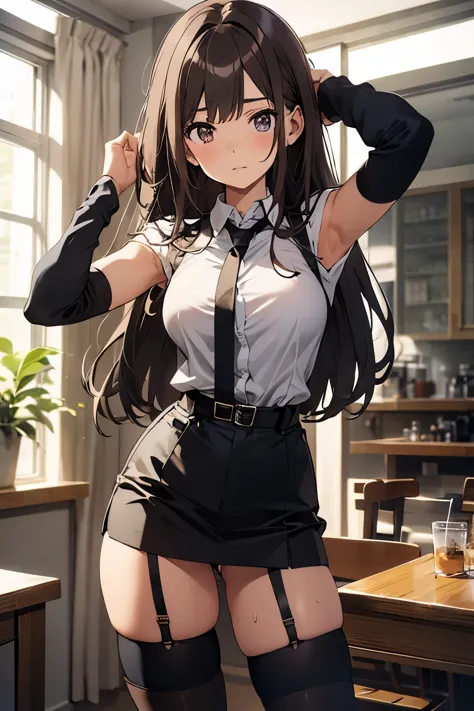 brown hair、looking at the viewer　　suspenders　　　bulging big breasts　　 　 　　　　black miniskirt　garter belt　knee high socks　　　　　　gaze...