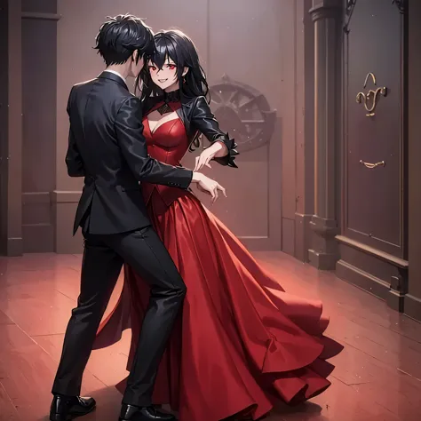 a man in a black suit dancing tango with a woman (red eye) in a red suit, smiling, in a dance hall.
