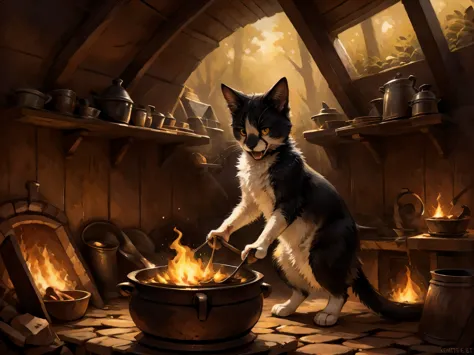 By kenket, Leo, black and white cat, yellow eyes, feral, cute, standing on his hind legs, mouth open, in a witches hut, a big cauldron in front of him, cooking chicken in the cauldron, 