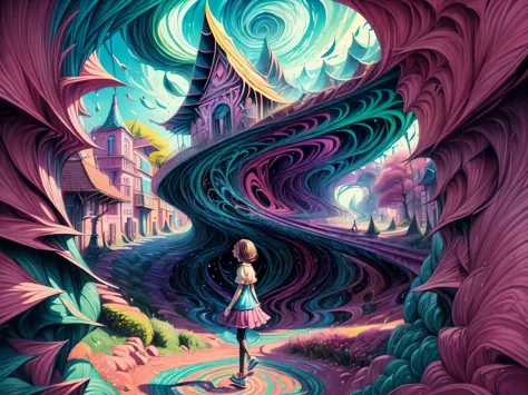 (surrealistic:1.2,colorful,bright colors,high-res,ultra-detailed:1.2) girl walking on the road with optical illusion effect, vib...