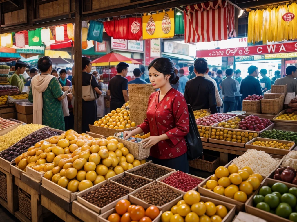 (highres,photorealistic)landscape photo of traditional market in Jakarta, Indonesia,[rack of selling items,abundance of merchandise crowded with various goods,Colorful array of products,sellers arranging their items in an organized manner],buyers passing by in a hurry, people engage in traditional trading, traditional way of exchanging goods, cinematic scene with vibrant energy, immersive photo-realistic representation of the market, 3D render capturing the essence of the bustling market.