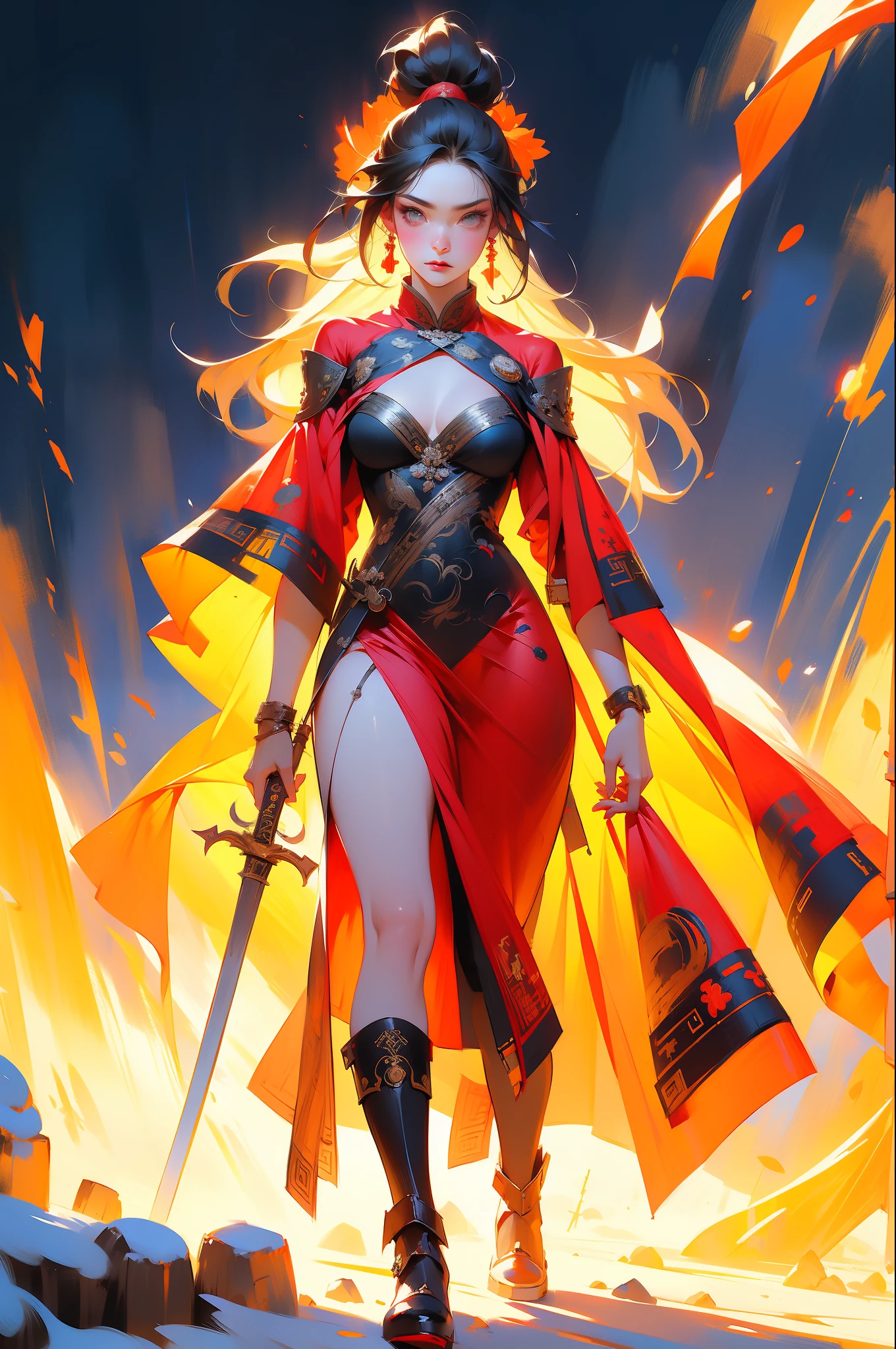 Chinese style, ancient battlefield, an ancient Chinese female general, holding a sword in her hand, grim expression, full body, amazing facial features, red robe, armor, boots, yellow sand in the sky, fleeing crowd, firelight, game model, stunning lighting, C4D, OC rendering, cinematic edge light, delicate light, masterpiece, super detailed, epic composition, super HD, high quality, highest quality, 32k