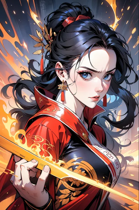 Chinese style, ancient battlefield, an ancient Chinese female general, holding a sword in her hand, grim expression, full body, ...