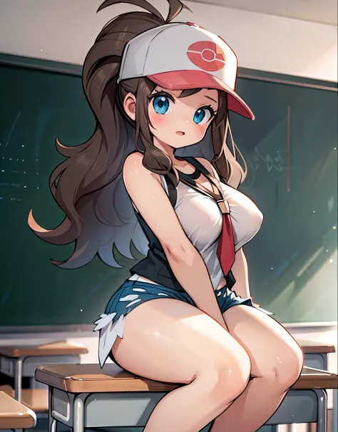 (best quality, highres, masterpiece:1.2), ultra-detailed, realistic:1.37, sketches, hilda pokemon, def1, teenage girl, sitting on her knees, curvy, visible thighs, chubby thighs, thighs in the foreground, body shape, classroom, curious look, pokeballs