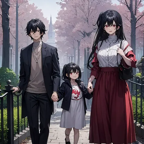 a man in casual clothes holding a woman's hand (red eye) and a little child who appeared with the woman, in a park, smiling
