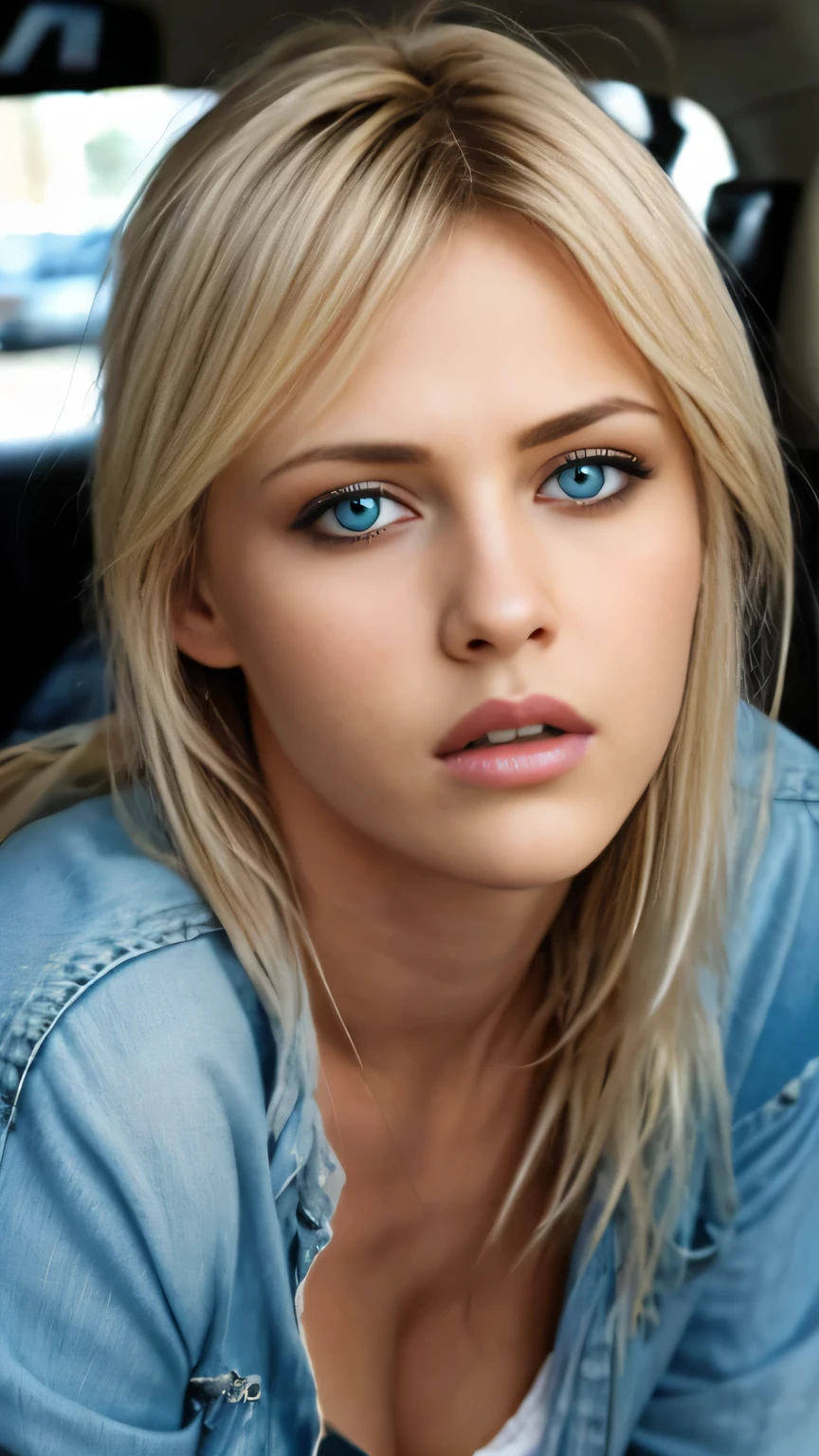 photographie d&#39;une femme sexy, (expression faciale troublée), peau texturée, chair de poule, cheveux longs blond platine, chemise en satin blanc avec jean boyfriend vieilli, assis à l&#39;arrière d&#39;un Uber après une soirée, yeux bleu glacier parfaits, 