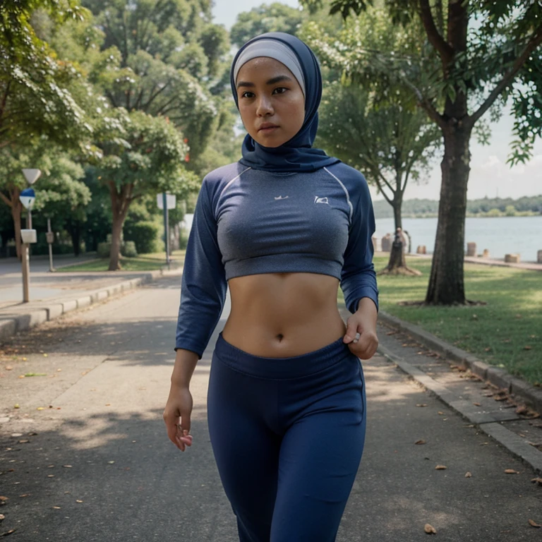 photograph of Malay hijab plump girl, smallest breast, wearing sport shirt,  and tight boxer pants, jogging in morning - SeaArt AI