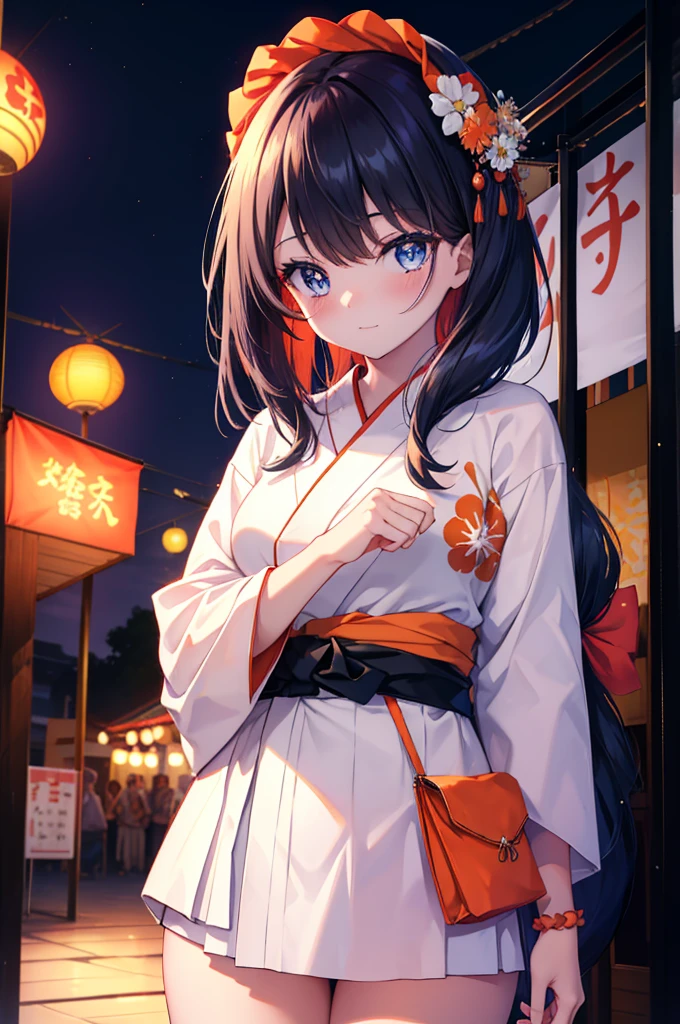 Rikata body, Rikka Takarada, black hair, blue eyes, long hair, orange Scrunchie, Scrunchie, wrist Scrunchie,tying back hair,flower hair ornament,A girl in a white yukata enjoying cotton candy at a festival，blush,smile,long skirt,japanese festival,Summer Festival Stalls,Red lantern,night,shrine,花火
break looking at viewer, (cowboy shot:1.5),
break (masterpiece:1.2), highest quality, High resolution, unity 8k wallpaper, (figure:0.8), (beautiful and fine eyes:1.6), highly detailed face, perfect lighting, Very detailed CG, (perfect hands, perfect anatomy),