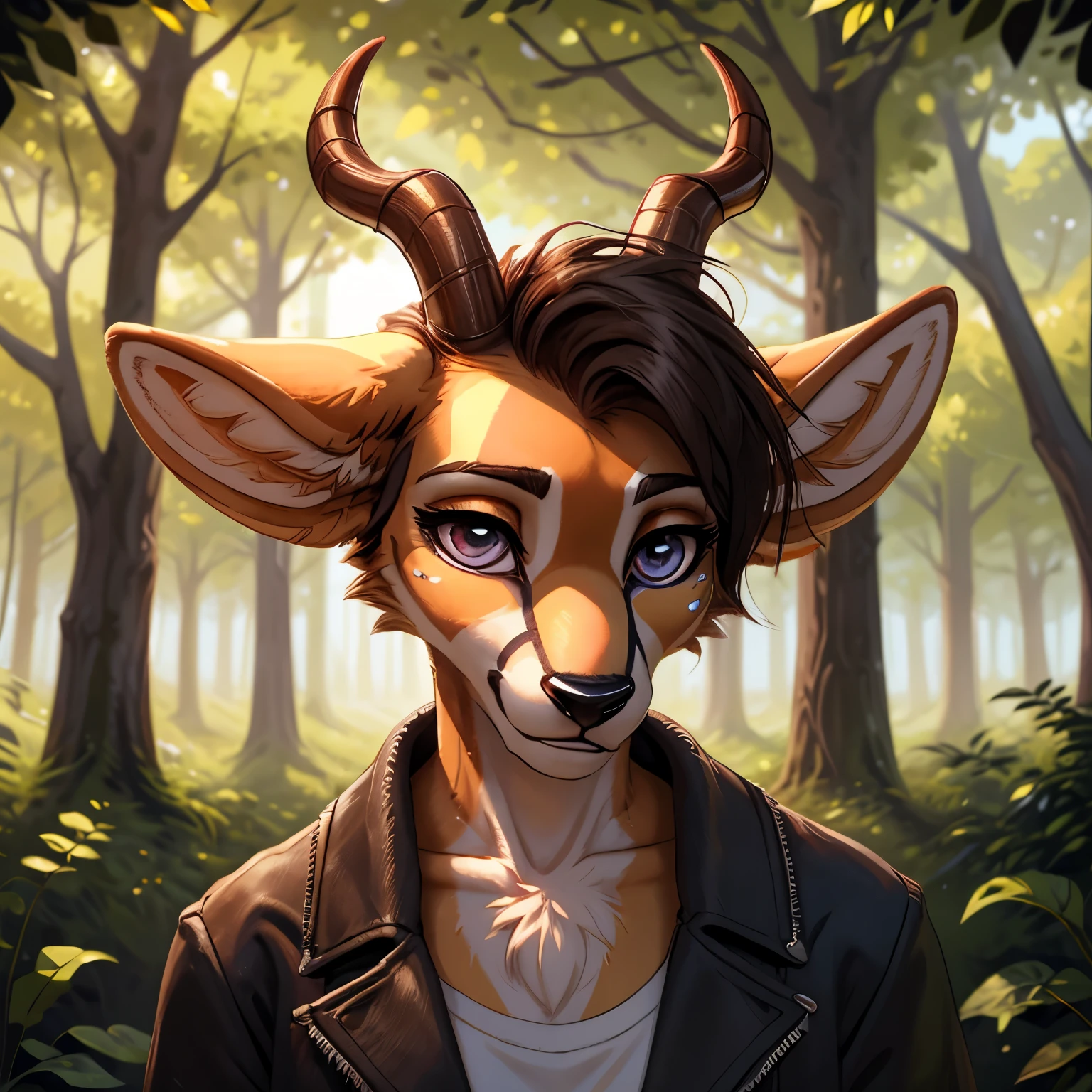 (brightly colored antelope fur:1.1,furry texture:1.2), (gothic cottagecore fashion:1.1), (female antelope:1.1,jackal hybrid), (safe for work:SFW), (nature background:1.1,woodland:0.9), (lush greenery:1.1,floral elements:0.9), (mysterious and whimsical atmosphere:1.1), (vibrant colors:1.1,pastel colors:0.9), (soft natural light:1.1), (detailed facial features:1.1,expressive eyes:1.2), (peaceful and serene expression:1.1), (sharp horn details:1.1), (delicate lace accents:1.1), (flowing and layered clothing:1.1), (ornate and intricate accessories:1.1), (misty fog:1.1,dreamy ambiance:0.9)