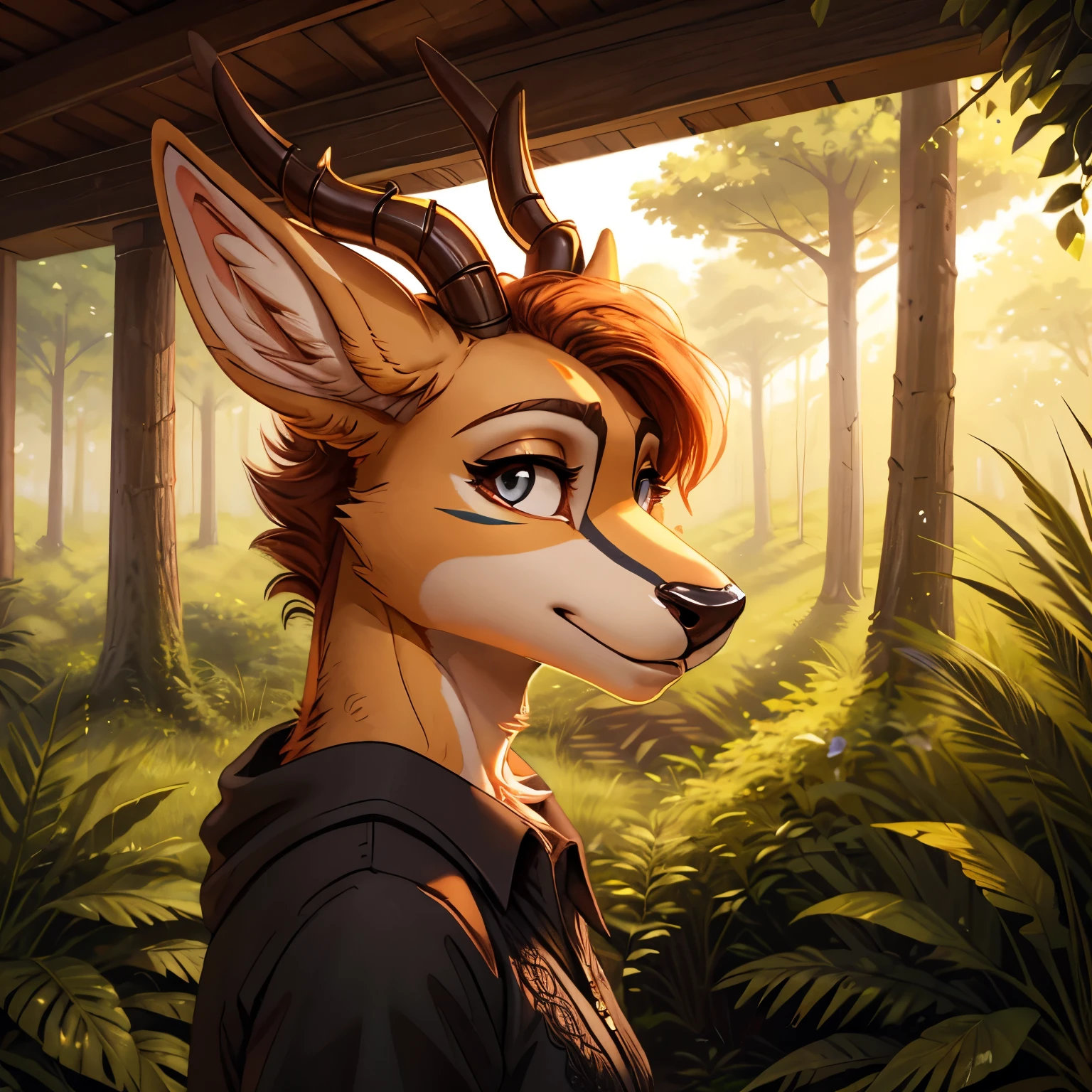 (brightly colored antelope fur:1.1,furry texture:1.2), (gothic cottagecore fashion:1.1), (female antelope:1.1,jackal hybrid), (safe for work:SFW), (nature background:1.1,woodland:0.9), (lush greenery:1.1,floral elements:0.9), (mysterious and whimsical atmosphere:1.1), (vibrant colors:1.1,pastel colors:0.9), (soft natural light:1.1), (detailed facial features:1.1,expressive eyes:1.2), (peaceful and serene expression:1.1), (sharp horn details:1.1), (delicate lace accents:1.1), (flowing and layered clothing:1.1), (ornate and intricate accessories:1.1), (misty fog:1.1,dreamy ambiance:0.9)