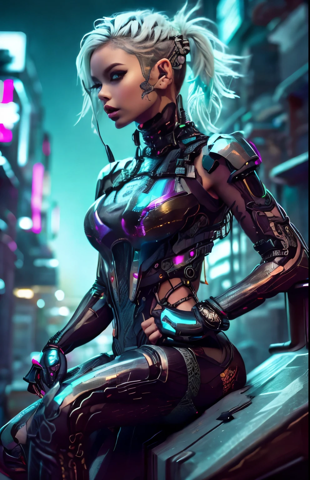 uma belissima mulher ciborgue guerreira ninja cyberpunk, olhos azuis, calelo curto, corpo humano, pernas mecânicas, braços mecânicos, em uma cidade furista, 8k  ultra detalhado e realista