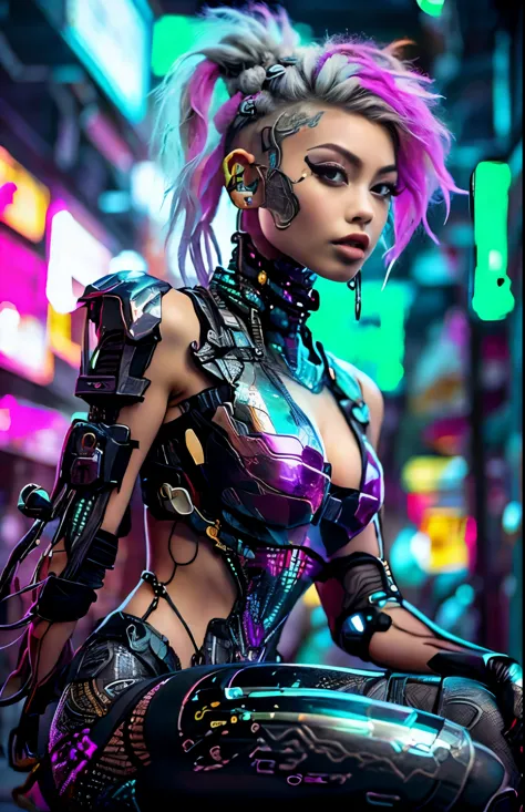 uma belissima mulher ciborgue guerreira ninja cyberpunk, olhos azuis, calelo curto, corpo humano, mechanic legs, mechanical arms...