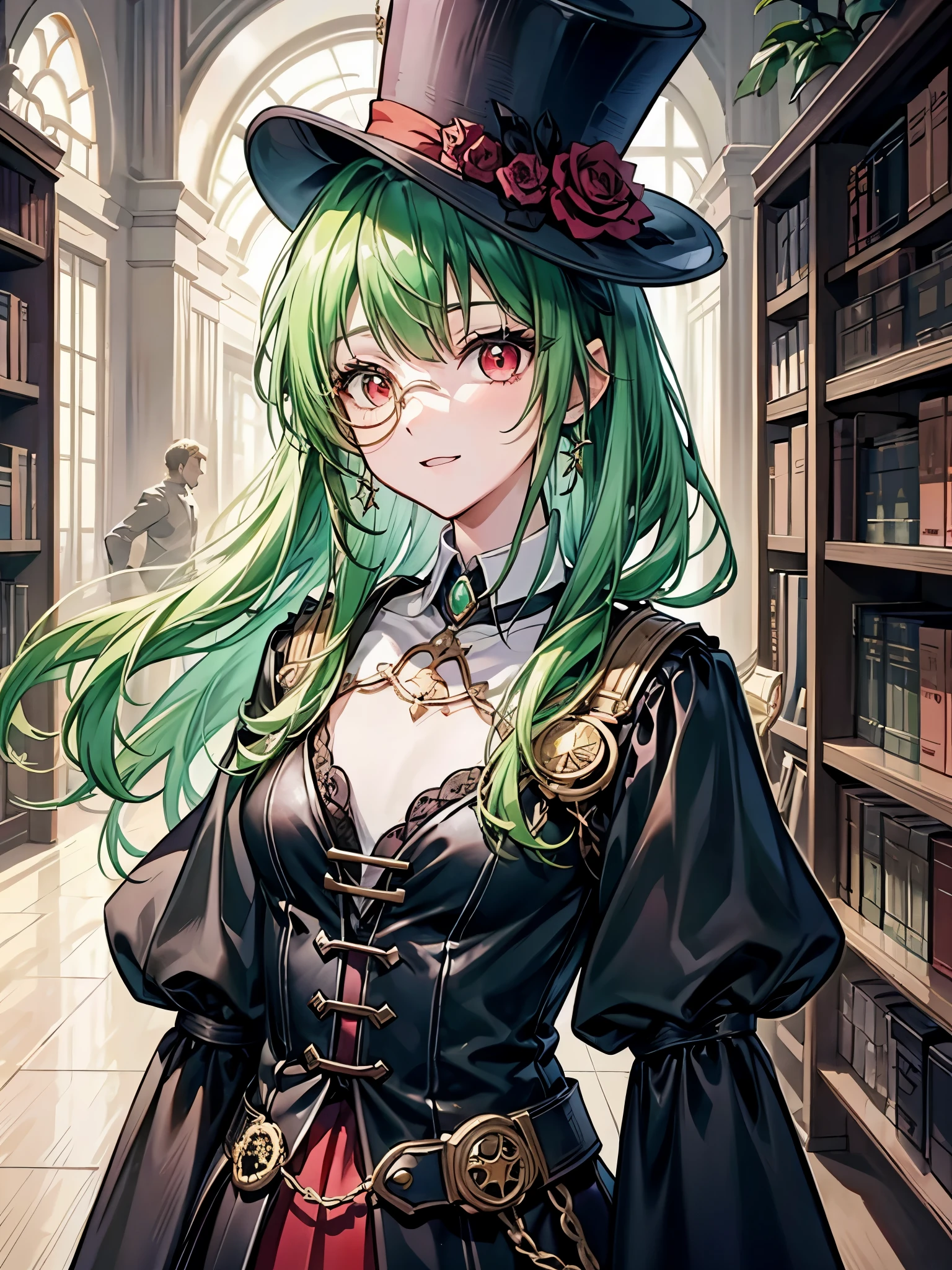 （（（masterpiece、Highest image quality、highest quality、highly detailed unity 8ｋwallpaper）））、（（Illustration of one girl、upper body））、（（（beautiful girl）））、（librarian）、（Emerald green hair、sidelocks：1.2、red eyes、crazy smile：1.3）、（（（flat chest）））、（monocle）、pocket watch、（（（Black top hat、Black tuxedo）））、great medieval library
