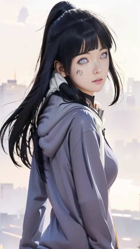 anime girl with long black hair and a hoodie standing in a field, hinata hyuga, black haired girl wearing hoodie, hinata hyuga f...