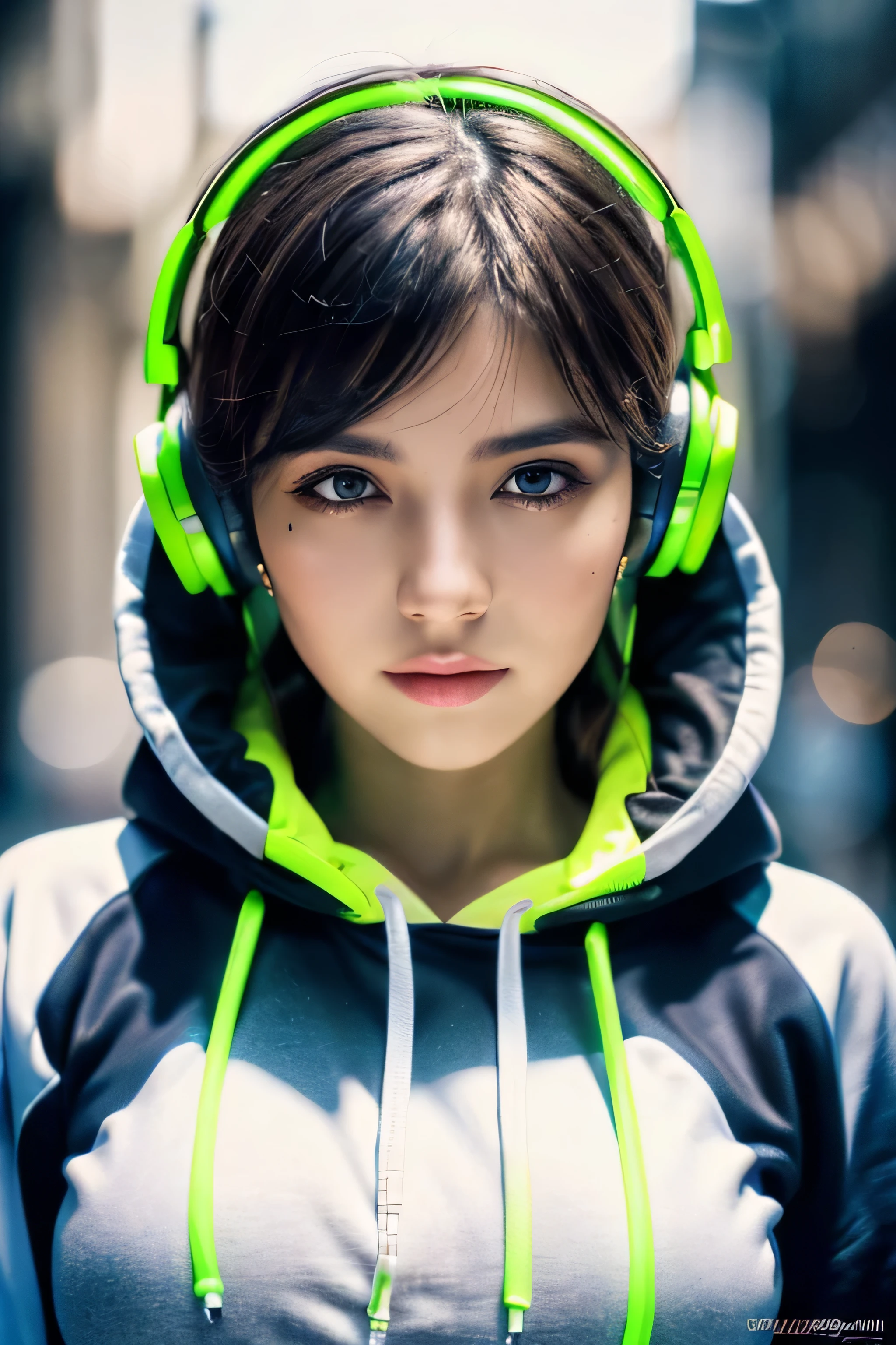 (Best Quality, Masterpiece, Ultra High Definition, High resolution, highly detailed, High Definition Face, clear pictures, HDR:1.5), (20-year-old woman:1.3), (eyes be visually in focus:1.4), (film photography style:1.5), (background neon sign, neon color fashion, cyberpunk beauty, Beautiful woman wearing a hoodie and headphones around her neck:1.5), short cut hair, (Glossy, highly fine breasts, shiny skin), highly detailed facial and skin texture, (beautiful eyes, light in the eyes, detailed eyes), clean face, white skin, very Fair skin