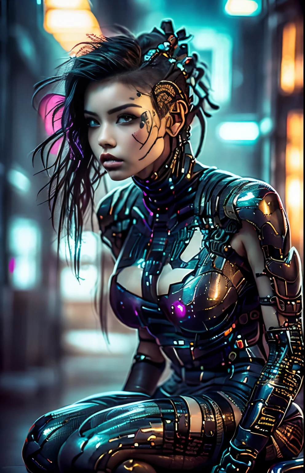 uma belissima mulher ciborgue guerreira ninja cyberpunk, olhos azuis, calelo curto, corpo humano, mechanic legs, mechanical arms, em uma cidade furista, 8k  ultra detalhado e realista