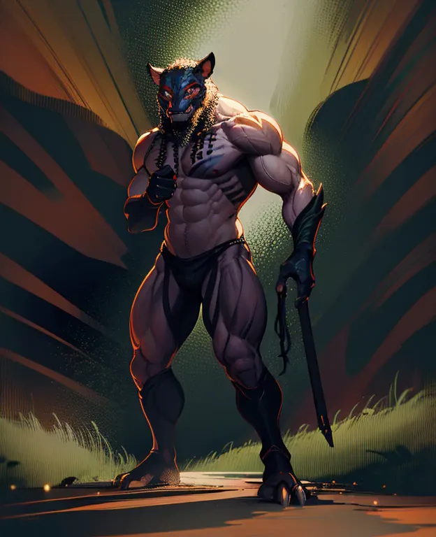 a half-jaguar humanoid mythological creature, the creature is in a dark forest at night, behind the creature is a tall, strong m...