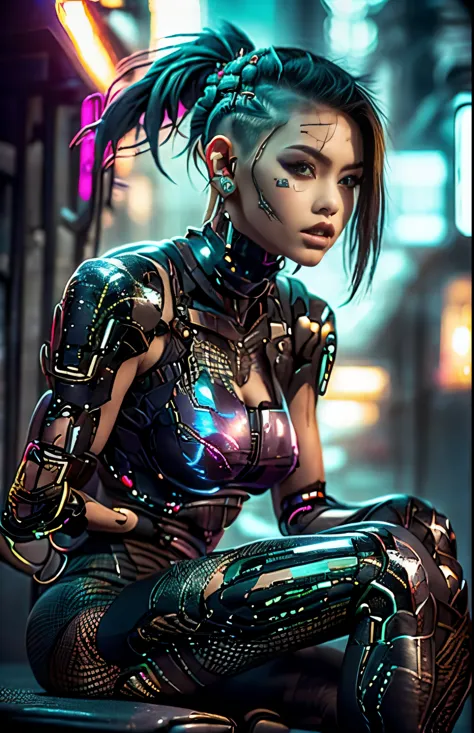 uma belissima mulher ciborgue guerreira ninja cyberpunk, olhos azuis, calelo curto, corpo humano, mechanic legs, mechanical arms...