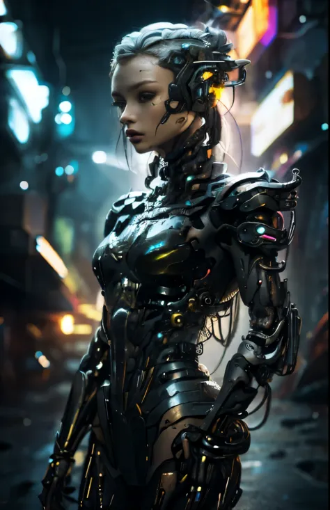 uma belissima mulher ciborgue cyberpunk, olhos azuis, calelo curto, corpo humano, mechanic legs, mechanical arms, em uma cidade ...