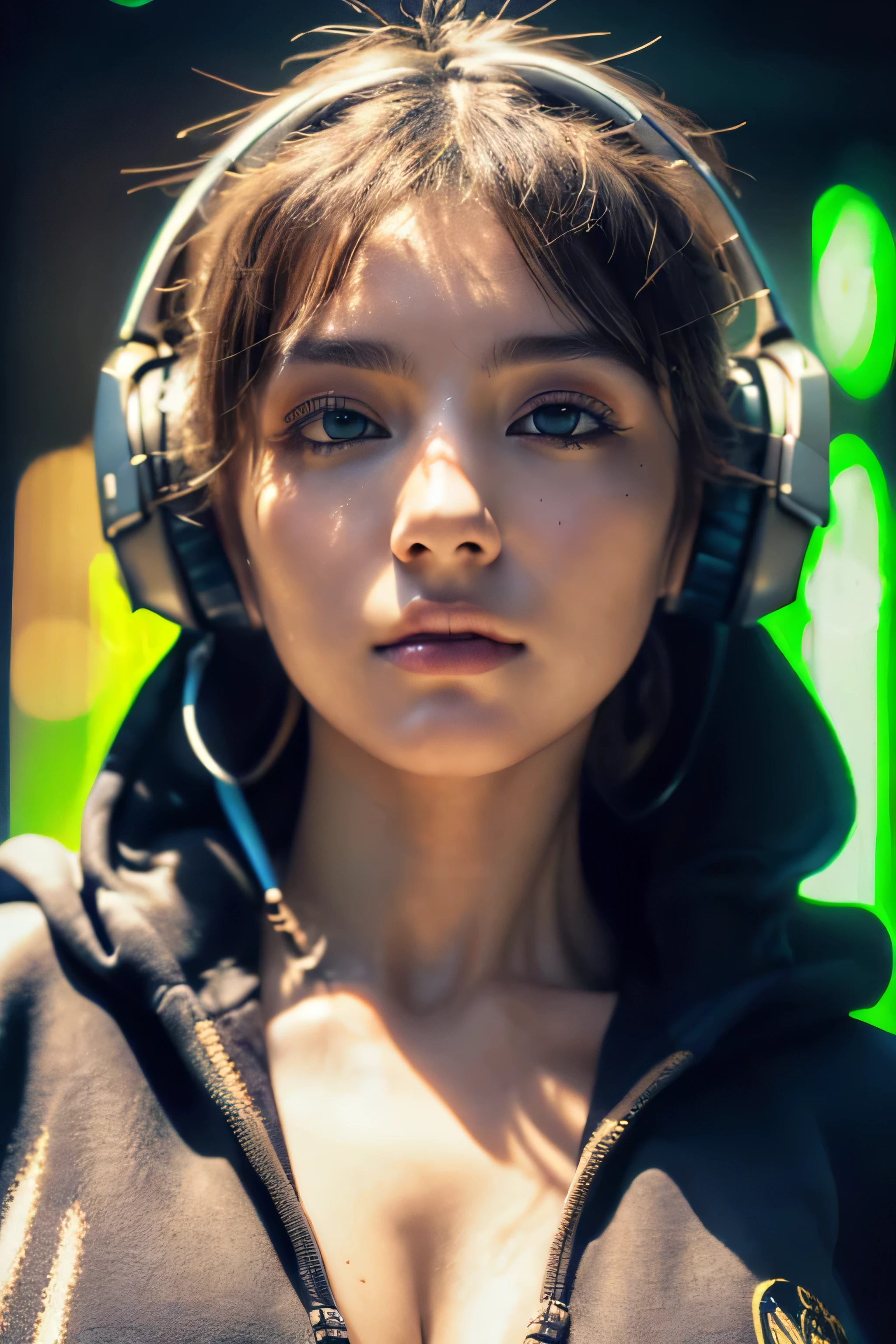 (Best Quality, Masterpiece, Ultra High Definition, High resolution, highly detailed, High Definition Face, clear pictures, HDR:1.5), (20-year-old woman:1.3), (eyes be visually in focus:1.4), (film photography style:1.5), (background neon sign, neon color fashion, cyberpunk, Beautiful woman wearing a hoodie and headphones around her neck:1.5), Slim Big Breasts, huge Breasts, short cut hair, (Glossy, highly fine breasts, shiny skin), highly detailed facial and skin texture, (beautiful eyes, light in the eyes, detailed eyes:1.2), clean face, white skin, very Fair skin