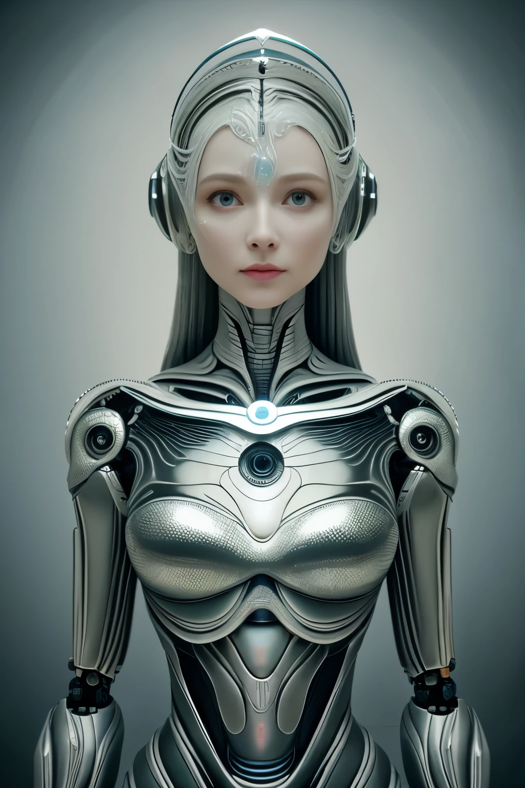 portraid, Intrincada representación 3D de un hermoso robot femenino cerámico muy detallado, ciborgue, partes de robots, 150mm, hermoso estudio con luz suave, Luz de aro, detalles vibrantes, ciberpunk de lujo, ingreso, surreal, anatomía , músculos faciales, Cables, microchips, Elegancia, hermoso fondo, Representación de octanaje, Estilo HR Giger, 8k, Mejor calidad, Obra de arte, ilustración, muy delicado y hermoso, Muy detallado, realista, uniforme, ( Fidelidad, Fidelidad: 1.37), splendid, buen detalle, Obra de arte, Mejor calidad, arte oficial, Papel de parede realista Unity 8K Muy detallado, absurdo, increíblemente absurdo, robot, Casco plateado, todo el cuerpo, sentarse y escribir