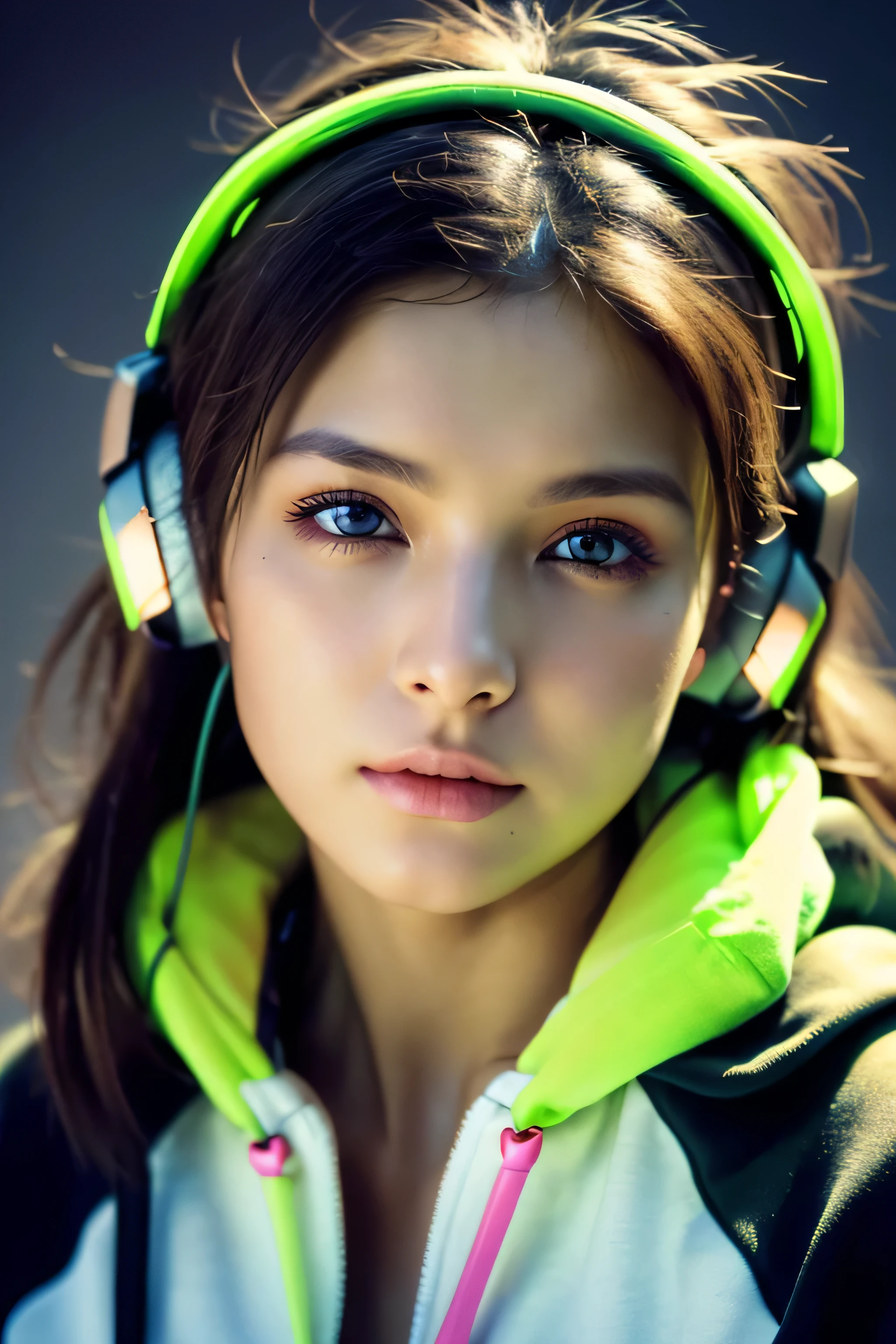 (Best Quality, Masterpiece, Ultra High Definition, High resolution, highly detailed, High Definition Face, clear pictures, HDR:1.5), (20-year-old woman:1.3), (eyes be visually in focus:1.4), (film photography style:1.5), (background neon sign, neon color fashion, cyberpunk beauty, Beautiful woman wearing a hoodie and headphones around her neck:1.5), (Glossy, highly fine breasts, shiny skin), highly detailed facial and skin texture, (beautiful eyes, light in the eyes, detailed eyes), clean face, white skin, very Fair skin