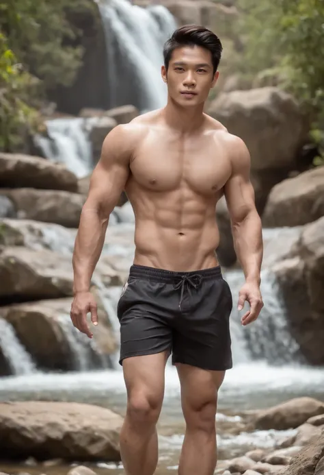 hot asian guy shirtless with board shorts on and big bulge - SeaArt Al -  Free Al Art Generator