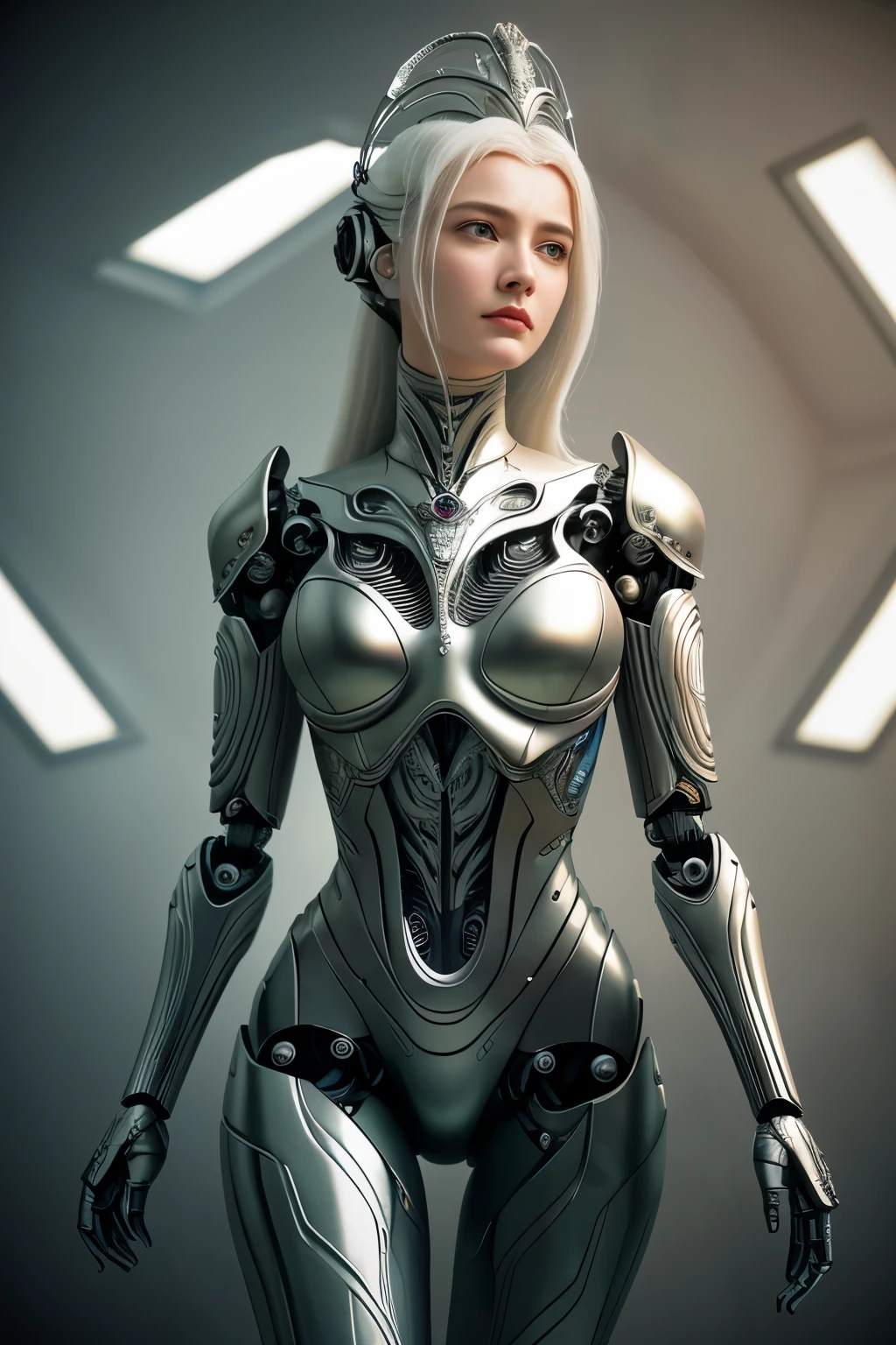 Portraid, Intricate 3d rendering of highly detailed beautiful ceramic female robot, cyborg, robot parts, 150mm, beautiful studio soft light, rim-light, vibrant details, luxury cyberpunk, lace, surreal, Anatomi , facial muscles, cable wires, microchips, elegance, beautiful background, Octane rendering, hr giger style, 8K, best qualityer, work of art, illustration, Very delicate and beautiful, very detailled, realisitic, 's uniform, ( Fidelity, Fidelity: 1.37), splendid, finely detail, work of art, best qualityer, offcial art, Papel de parede realisitic Unity 8K very detailled, absurdrez, Inacreditavelmente absurdrezo, robot, silver helmet, whole body, sit and write