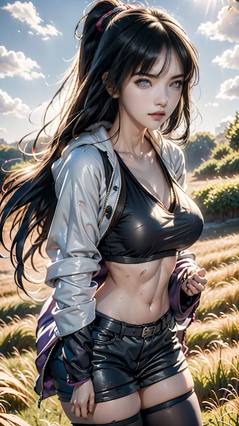 anime girl with long black hair and a hoodie standing in a field, hinata hyuga, black haired girl wearing hoodie, hinata hyuga f...