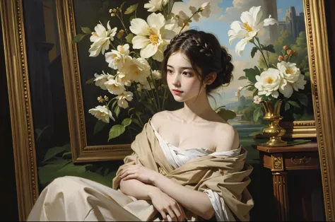 (masterpiece), (best quality), oil painting, classical painting, 1girl, portrait, bare shoulder, dress, earth tone, flowers