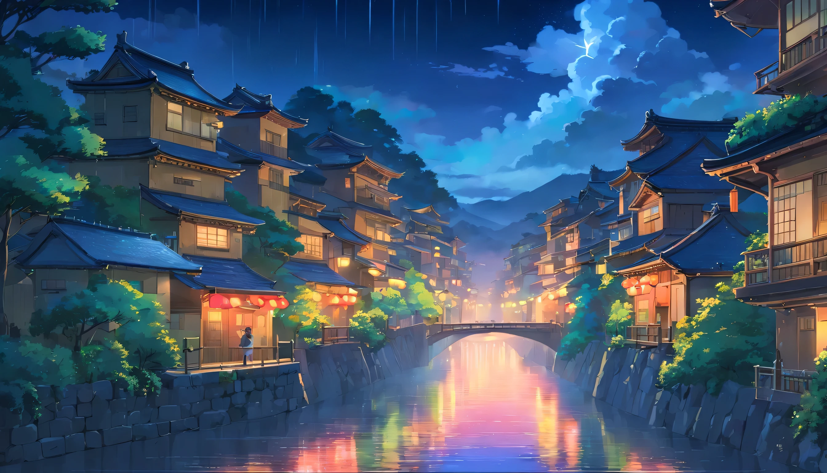 river, night sky, rain, japan, Anime estilo 2D, Lo-fi, disco Rigido, Ambiente escuro