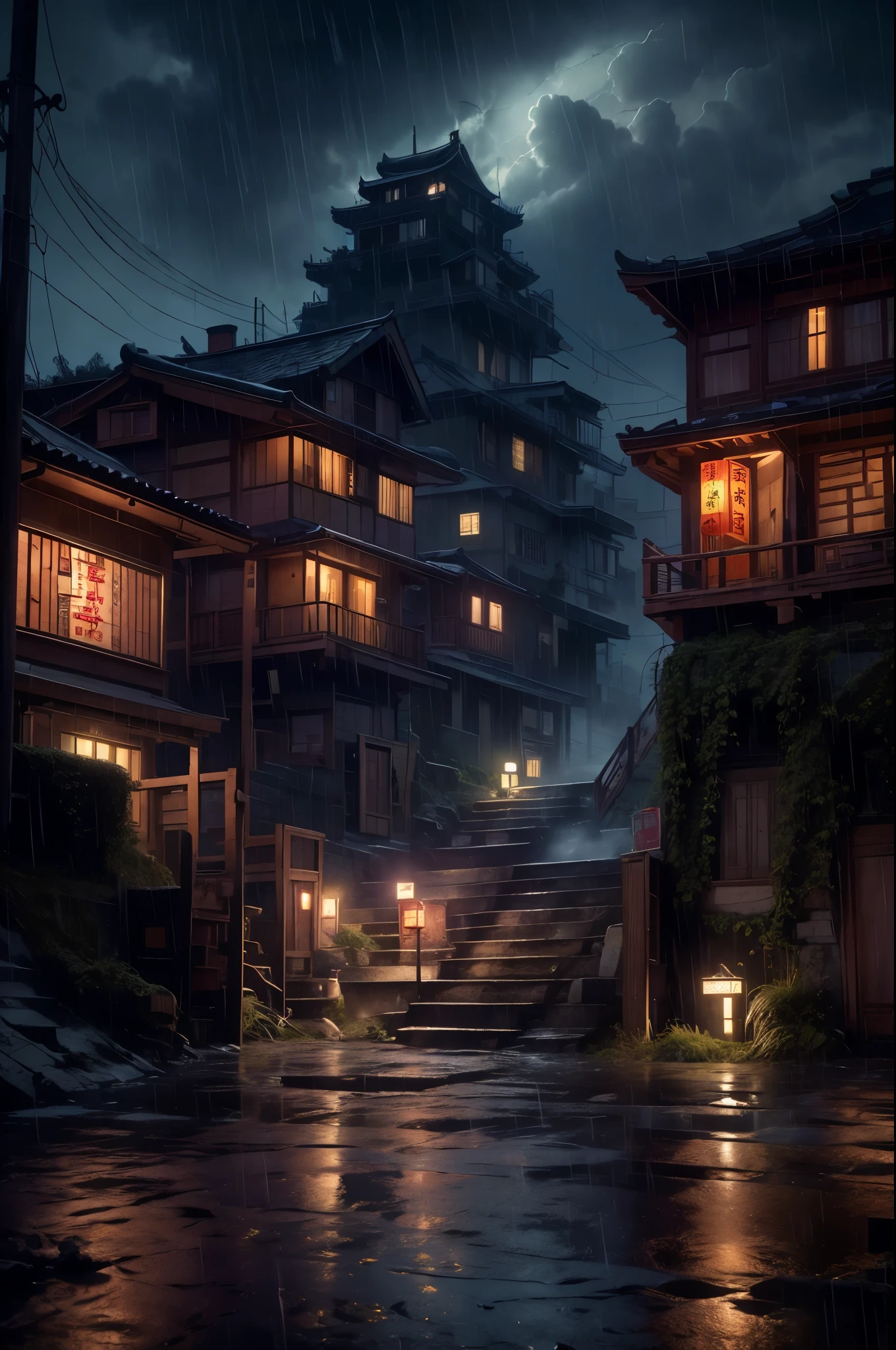 Feder village view，a lot of lights on the buildings，Dream Chinese town，China Village，Stunning wallpapers，Japan Village，surreal photo of a small town，old asian village，(The sky in the distance covered with dark clouds)，Japan city，Raymond Han，rainy evening, Cyberpunk ancient Chinese castle, well-lit building, Late afternoon，in the rain, Beautiful and beautiful, photography, 灯光, 8K, high detal ((heavy rain poured，Brightly lit，staircase)))