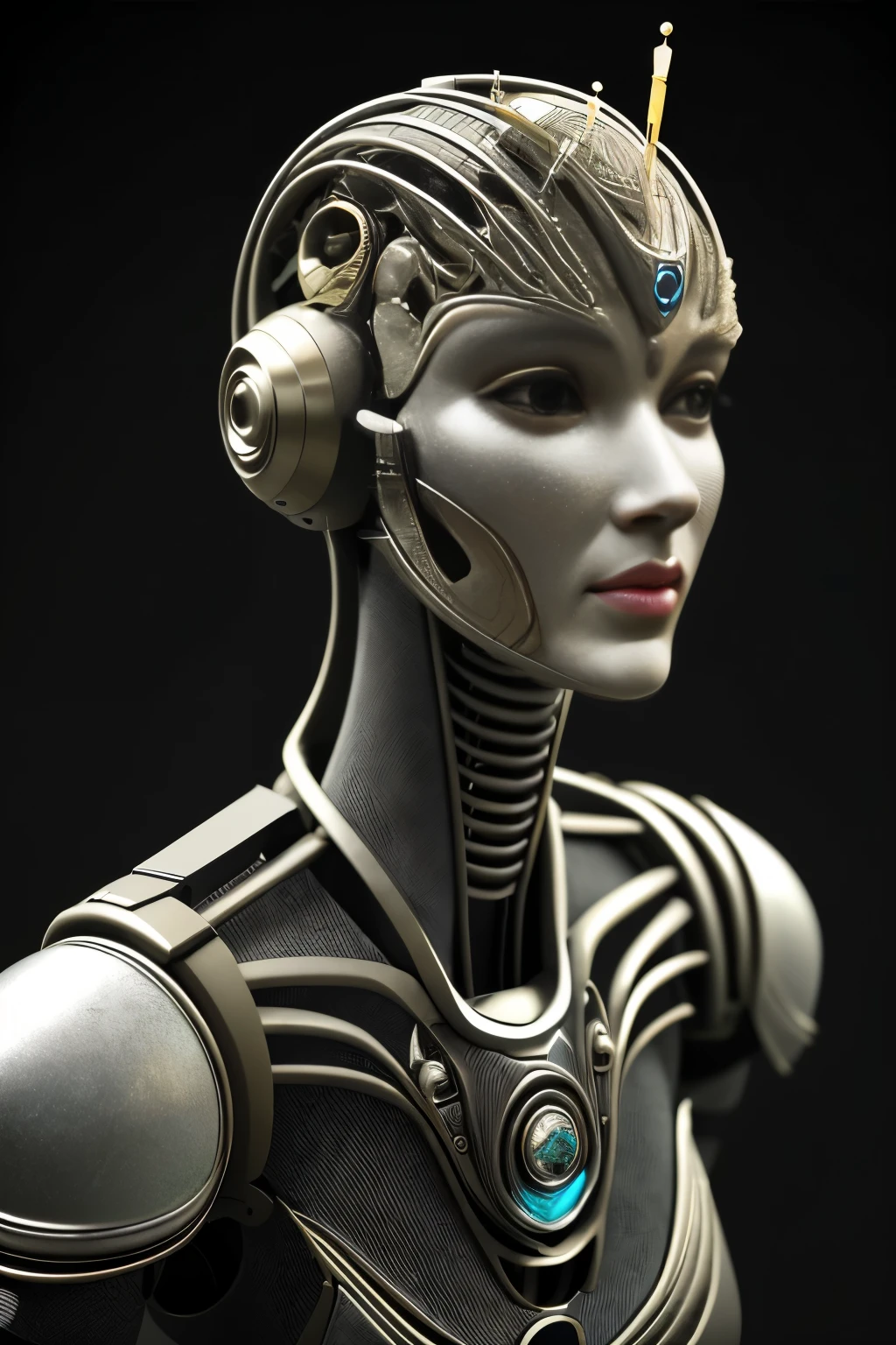 Portrait, Rendu 3D complexe d&#39;un magnifique robot féminin en céramique très détaillé, cyborg, pièces de robots, 150mm, beau studio lumière douce, cerceau lumineux, Détails éclatants, cyberpunk de luxe, REVENU, surréaliste, anatomie , muscles du visage, fils de câble, puces électroniques, Élégance, beau fond, rendu d&#39;octane, Style RH Giger, 8k, meilleure qualité, Oeuvre d&#39;art, illustration, Très délicat et beau, très détaillé, réaliste, uniforme, ( loyauté, loyauté: 1.37), splendide, détail fin, Oeuvre d&#39;art, meilleure qualité, Art officiel, Papel de parede réaliste Unity 8K très détaillé, Absurde, Inacreditavelmente Absurdeo, robot, casque d&#39;argent, tout le corps, asseyez-vous et écrivez