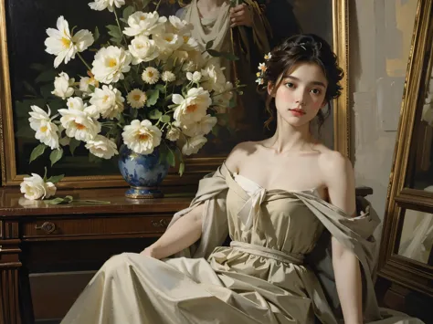 (masterpiece), (best quality), oil_painting, classical painting, 1girl, portrait, bare shoulder, dress, earth tone, flowers