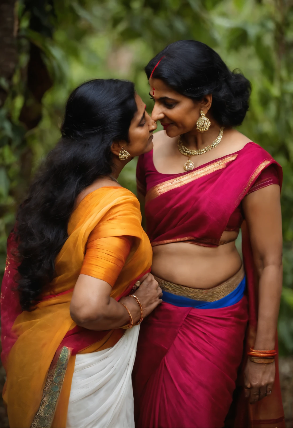 Two women in saris are smiling and hugging each other - SeaArt AI