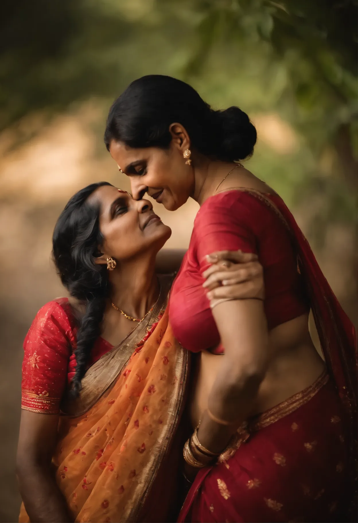 Bride and mother embracing in a forest setting - SeaArt AI