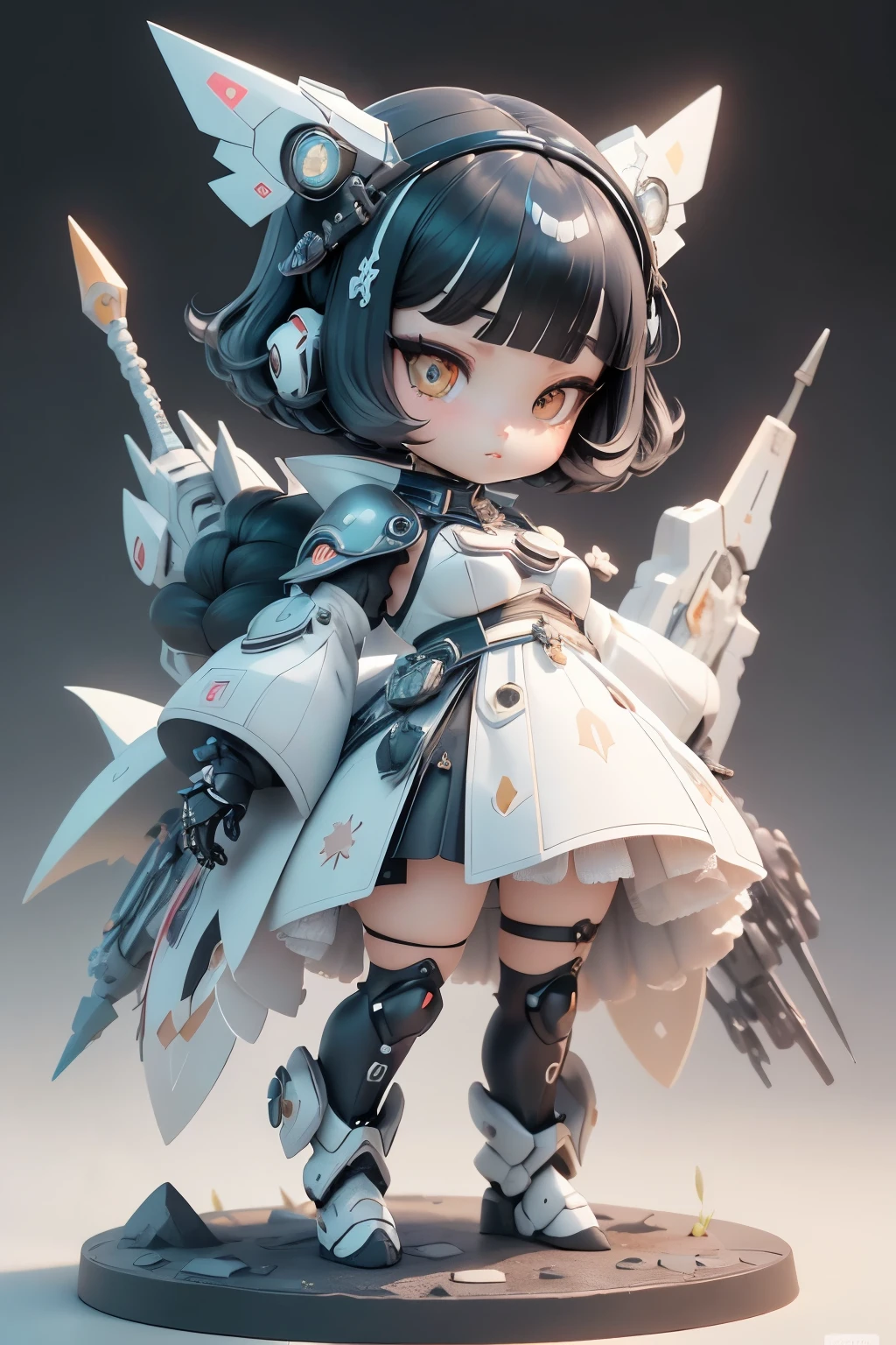 plastic an 00D, 1 fille, petit, Correspondance des couleurs de la dopamine, Double DiamonD, thème blanc, tissus luxueux, Dither, De grande envergure, She is fuseD with futuristic GunDam mecha, GunDam style, with heaDgear, Avec aileron en V ,, armoreD shoulDers,armoreD unDer arms, armoreD unDer legs, ailes mécaniques, holDing weapon, holDing huge weapon, holDing Very large shielD, pose de combat,(coupe au carré:1.3),BraiD, cheveux noirs, sourcils épais, light coloreD iris, grand, yeux noirs brillants, long cils, petit, lèvres naturelles pâles, (Average face of Japanese iDols), wiDe foreheaD:1.2, Joues rebondies, petit chin, visible siDe boob, pretty backgrounD３D、4ｄ,Shiba Inu à mes pieds,