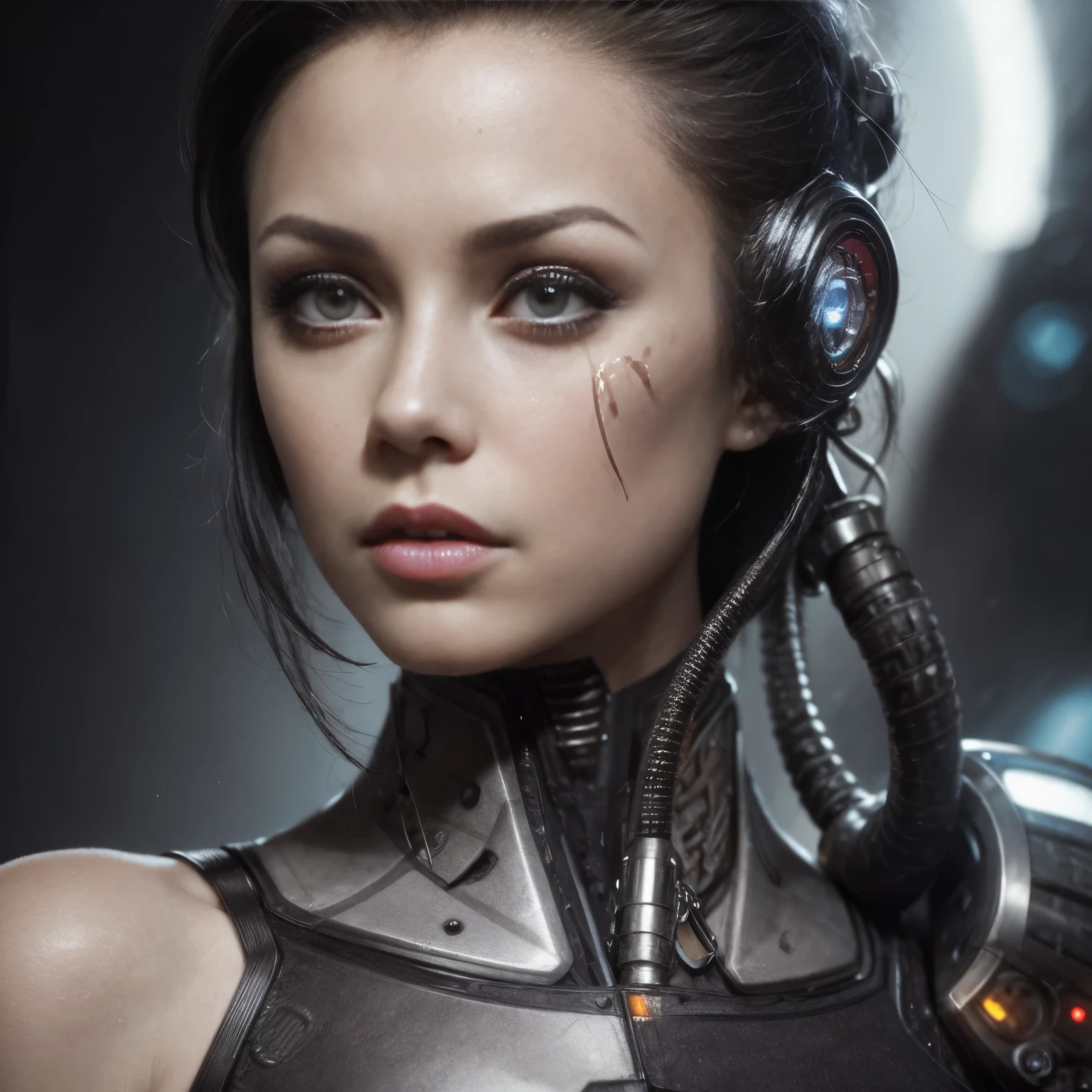 un gros plan d&#39;une femme avec un visage très étrange et des cheveux étranges, horror style cyberpunk, cyberpunk en colère belle déesse, Femme cyborg, hyper réaliste style cyberpunk, fille cyborg, style cyberpunk，hyper réaliste, maquillage cyberpunk complexe - up, Cyborg - Fille, mannequin cyborg, Portrait détaillé d&#39;un cyborg, cyborg cyberpunk, Cyborg féminin en colère