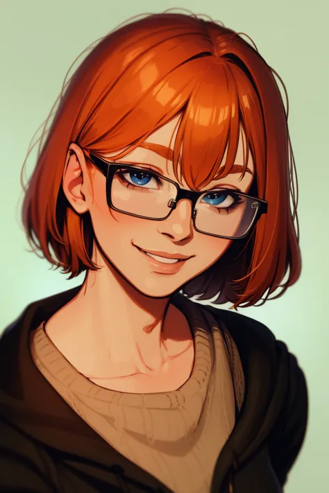 Ginger nerd, portrait, short hair, bangs, glasses, nose piercing, smile, detailed face