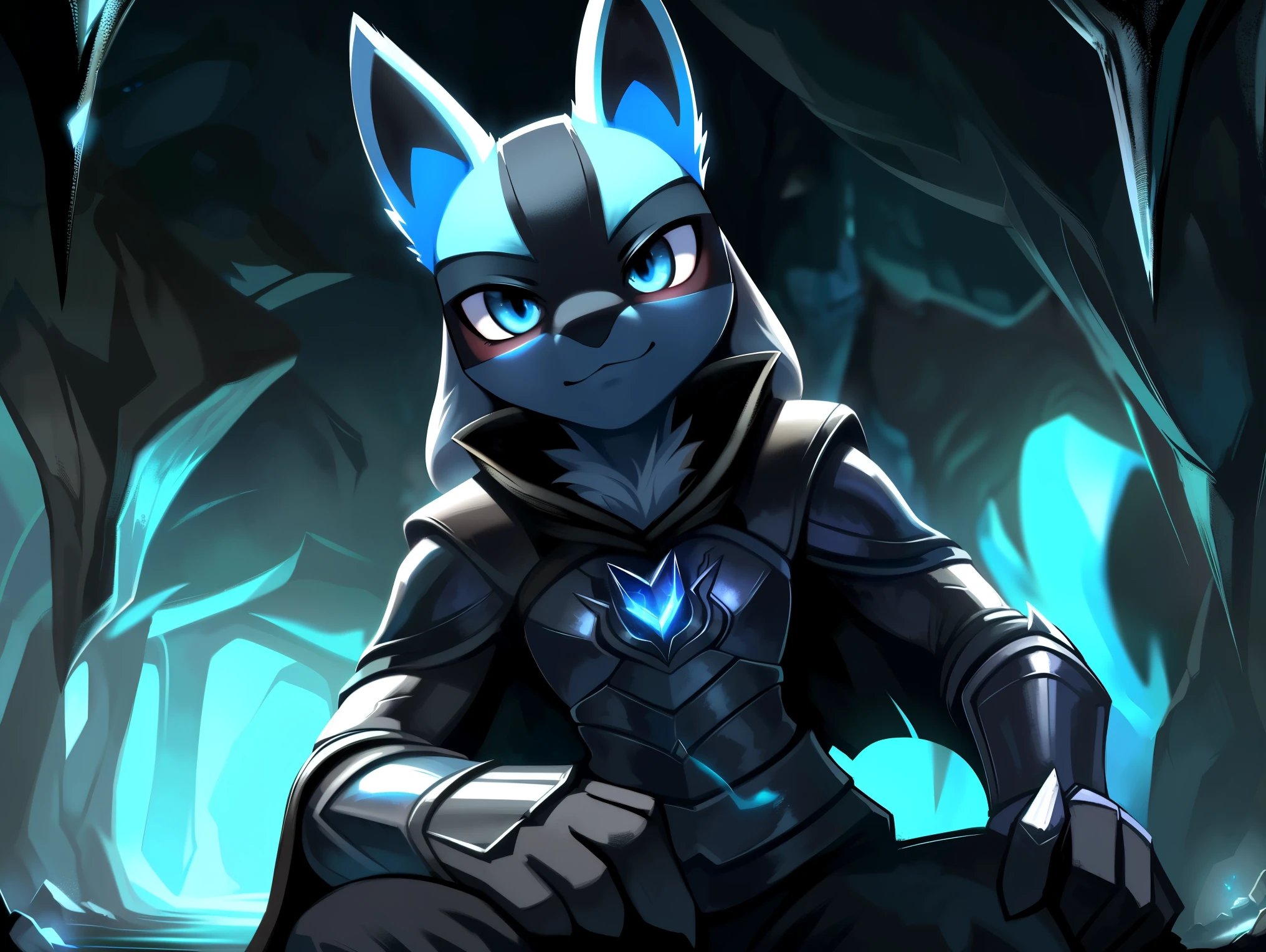 (((Lucario))), (solo), standing, wolf, blue fur, chest spike, male, sunny forest background. up close. Very good figure, cinematic lighting, volume lighting, masterpiece, best quality