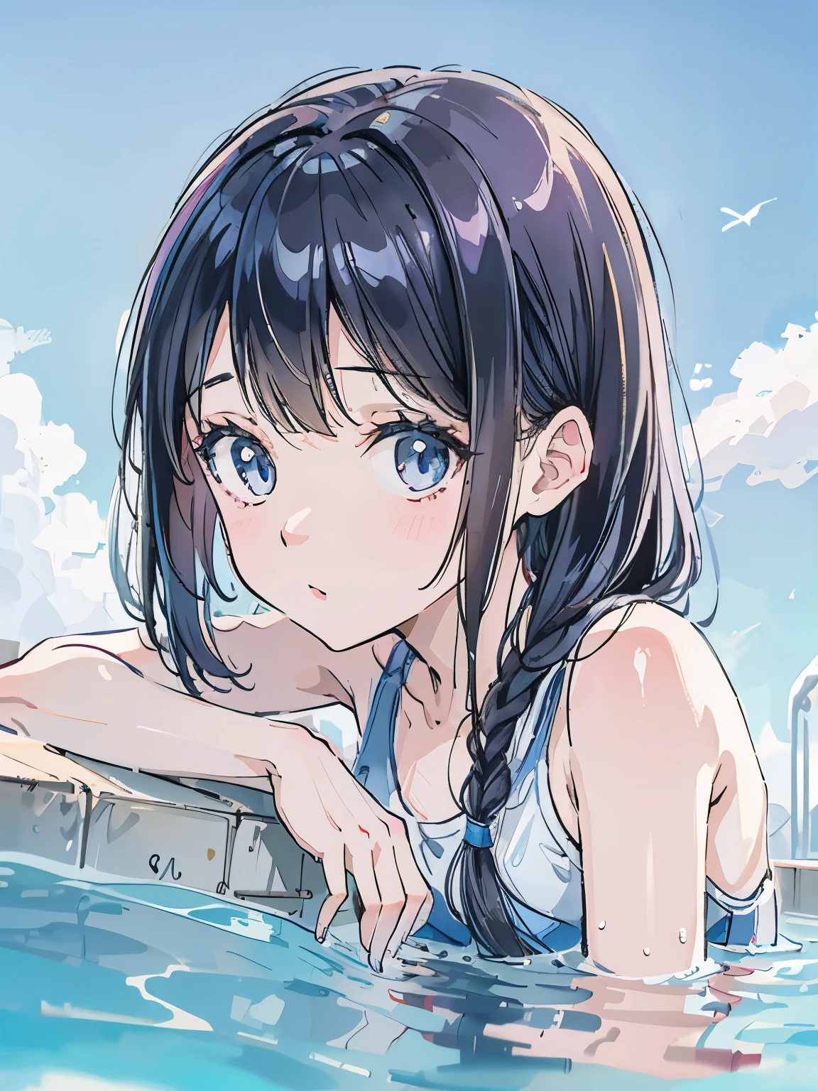 A girl peeking out of the school pool、summer、close up of face、school swimwear、See here