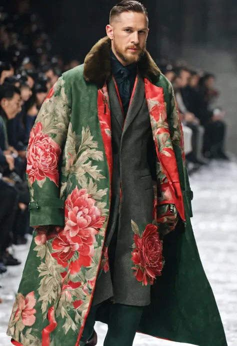 CG scene design, (China Winter Men&#39;s Fashion Show 2024), (whole body),
(Men's Winter Extra Long cotton cloth Coat Design: 1.0), (Tall and handsome male model Tom Hardy Huge wears a thick red and green peony fabric cotton coat: 1.34), Has warmth、Windpro...