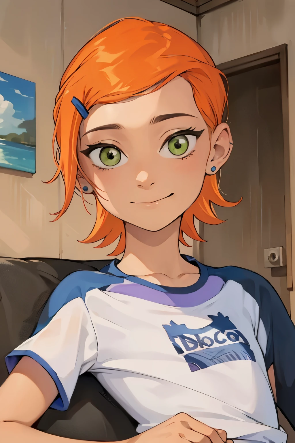 Anime girl with orange hair sitting on a couch in a living room - SeaArt AI