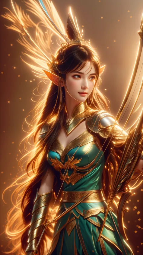 a close up of a woman holding a bow and arrow, alluring elf princess knight, beautiful character painting, extremely detailed ar...