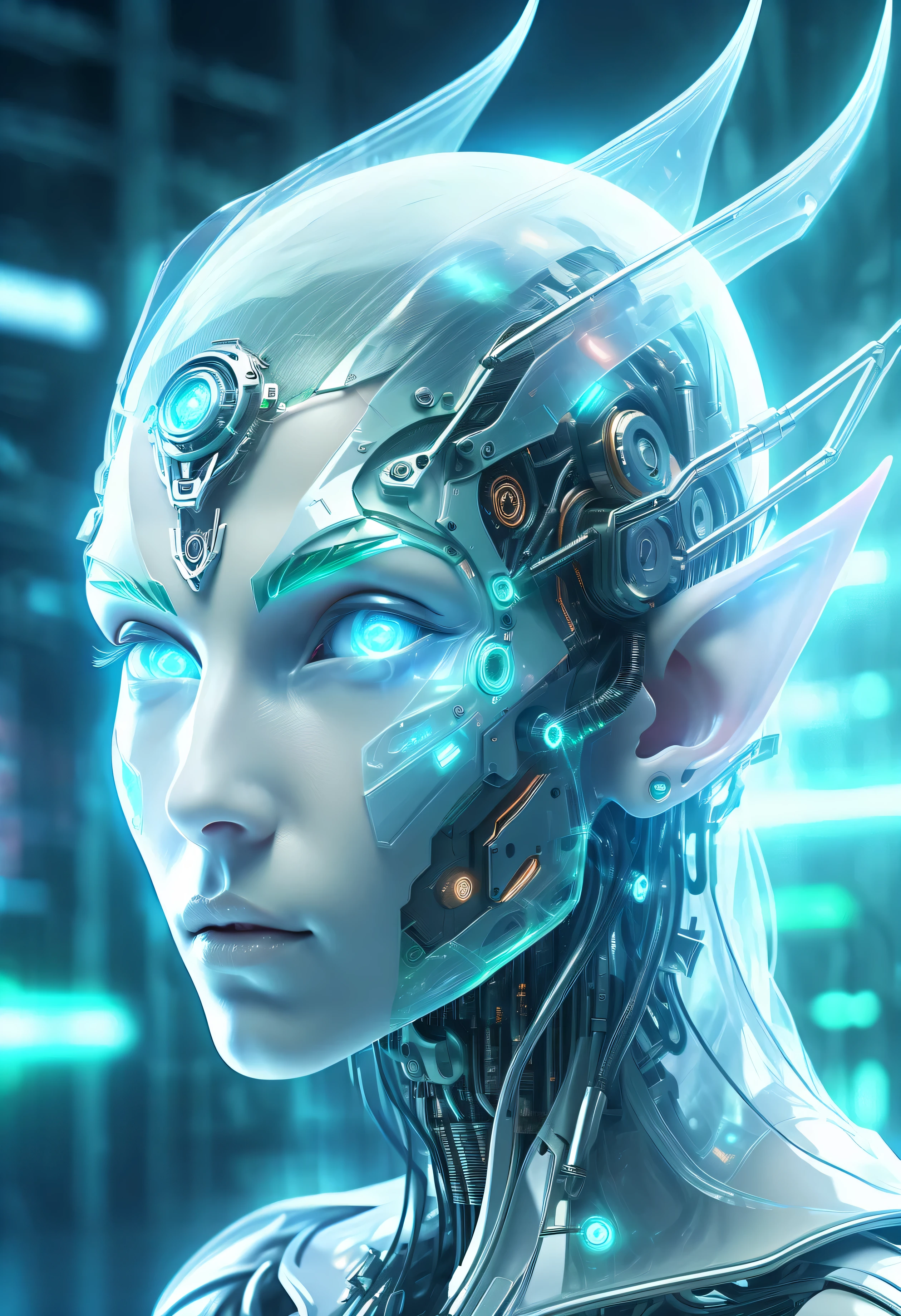 优雅的半透明机械精灵脸，未来派精灵脸，机械连接技术精灵脸，未来派背景