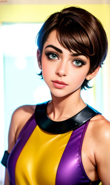 Photo of a 15-year-old European girl, .RAW, beautiful woman,freckles on cheeks and chest ,hermosos  blue eyes(Light brown hair pixie haircut),messy pixie haircut ((portrait)), ((detailed face:1.2)), ((Detailed facial features)), (finely detailed skin)  ,lindo make-up, Purple eyeshadows on eyelids ,a sexy(cool color), (Tabletop) (perfect proportions realistic)(The best quality), NFFSW, (8k) (wallpaper) (cinematic lighting) (dramatic lighting) (sharp focus) (Convoluted) , varied background , Nice smile, Full body photo , posing for photo , black choker , clip-on earrings , make-up , blue eyes, Red lips , purple eye shadow , showed shout grunge , motorcycle clothing, holds purple electric guitar, happy girl , Full body photo 