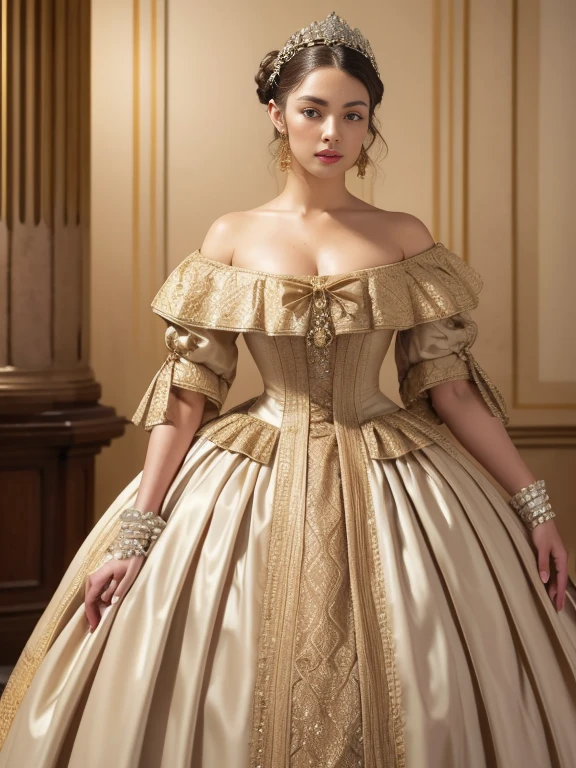 , with detail, accessories, inspired gala dresses, 1830s era. bugger, Full body texture 4K, high quality, gorgeous hairstyle, 8k images, high resolution,