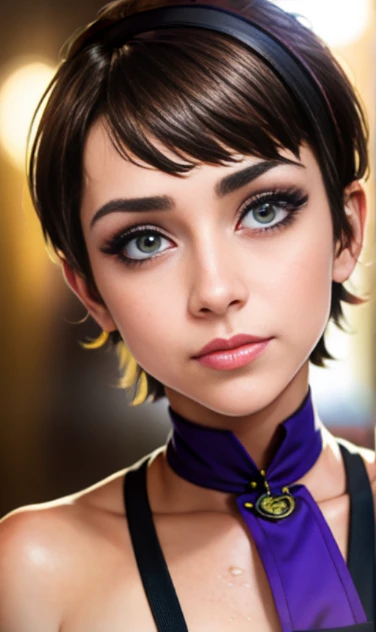 Photo of a 15-year-old European girl, .RAW, beautiful woman , teen model ,freckles on cheeks and chest ,hermosos  blue eyes(Light brown hair pixie haircut),messy pixie haircut ((portrait)), ((detailed face:1.2)), ((Detailed facial features)), (finely detailed skin)  ,lindo make-up, Purple eyeshadows on eyelids ,a sexy(cool color), (Tabletop) (perfect proportions realistic)(The best quality), NFFSW, (8k) (wallpaper) (cinematic lighting) (dramatic lighting) (sharp focus) (Convoluted) , varied background , Nice smile, Full body photo , posing for photo , black choker , clip-on earrings , make-up , blue eyes, Red lips , purple eye shadow , showed shout grunge , motorcycle clothing, holds purple electric guitar, happy girl , Full body photo , Posing for the camera 